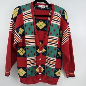 VTG Jayson Younger Button Up Cardigan Women's Sz M Knit Patchwork Sweater